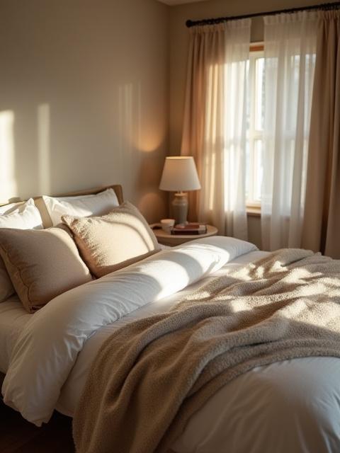 Fredfylt soverom med behagelige tekstiler