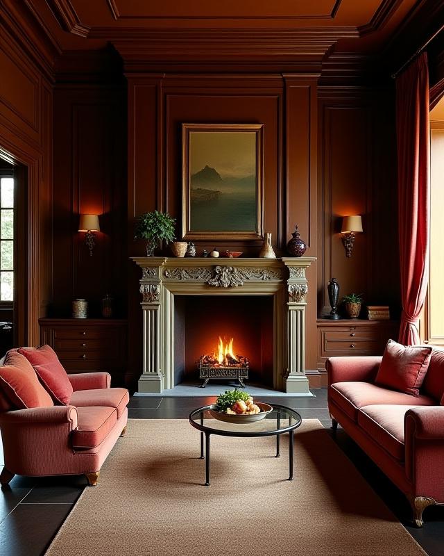 Klassisk stue med peis, utsmykkede møbler og et stort ullteppe